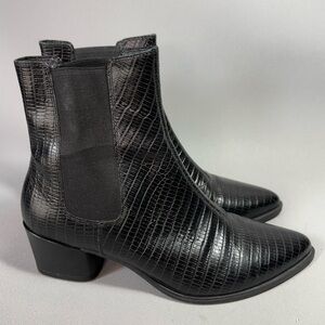 VAGABOND Black Leather Lizard-Embossed Pull-On Ankle Boots